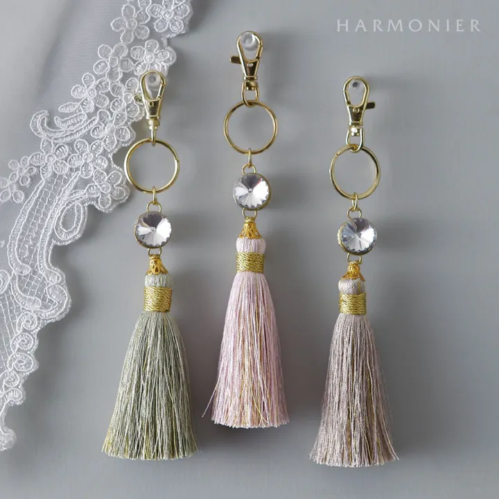 タッセルキーチャーム/ラウンドジュエル(ベージュ/ピンク/グリーン