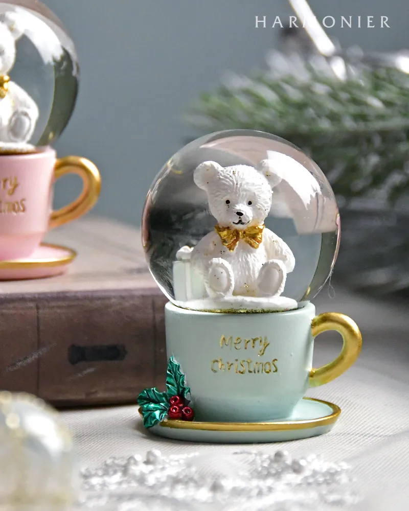 ミニスノードーム/ティーカップベアー（ピンク/ミント）｜クリスマス
