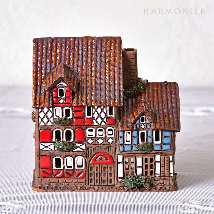リトアニア製キャンドルハウス/木骨造りの家 レッド＆ブルー（R）